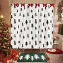 2 Pcs Christmas Tree Bathroom Decor Set Green Christmas Shower Curtain with Non Slip Flocking Bath Rug and 9 Red Bow for Winter Xmas Holiday Bathroom Gift 72''x72''