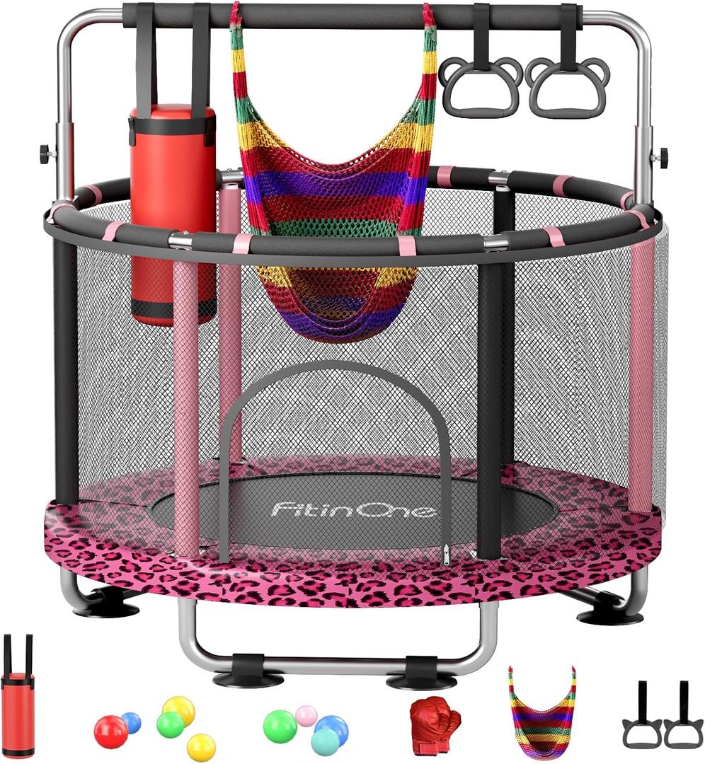 55" Toddler Mini Trampoline for Kids, Indoor Outdoor Toys with Swing, 440lbs Baby Kids Trampoline, Gymnastics Bar, Birthday Gifts for Boy Girl Age 1-8 (Leopard)