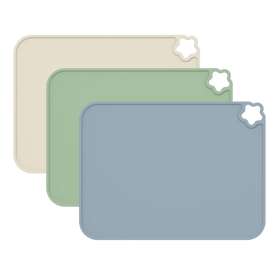 Cutebe Silicone Placemat for Toddles Kids Non-Slip Reusable Portable Kids Placemats for Dinning Table Heat Resistant Placemats, Baby Placemat Stain Resistant Silicone Mat for Dining Table 3 Pack (Blue/Green/Off-white)