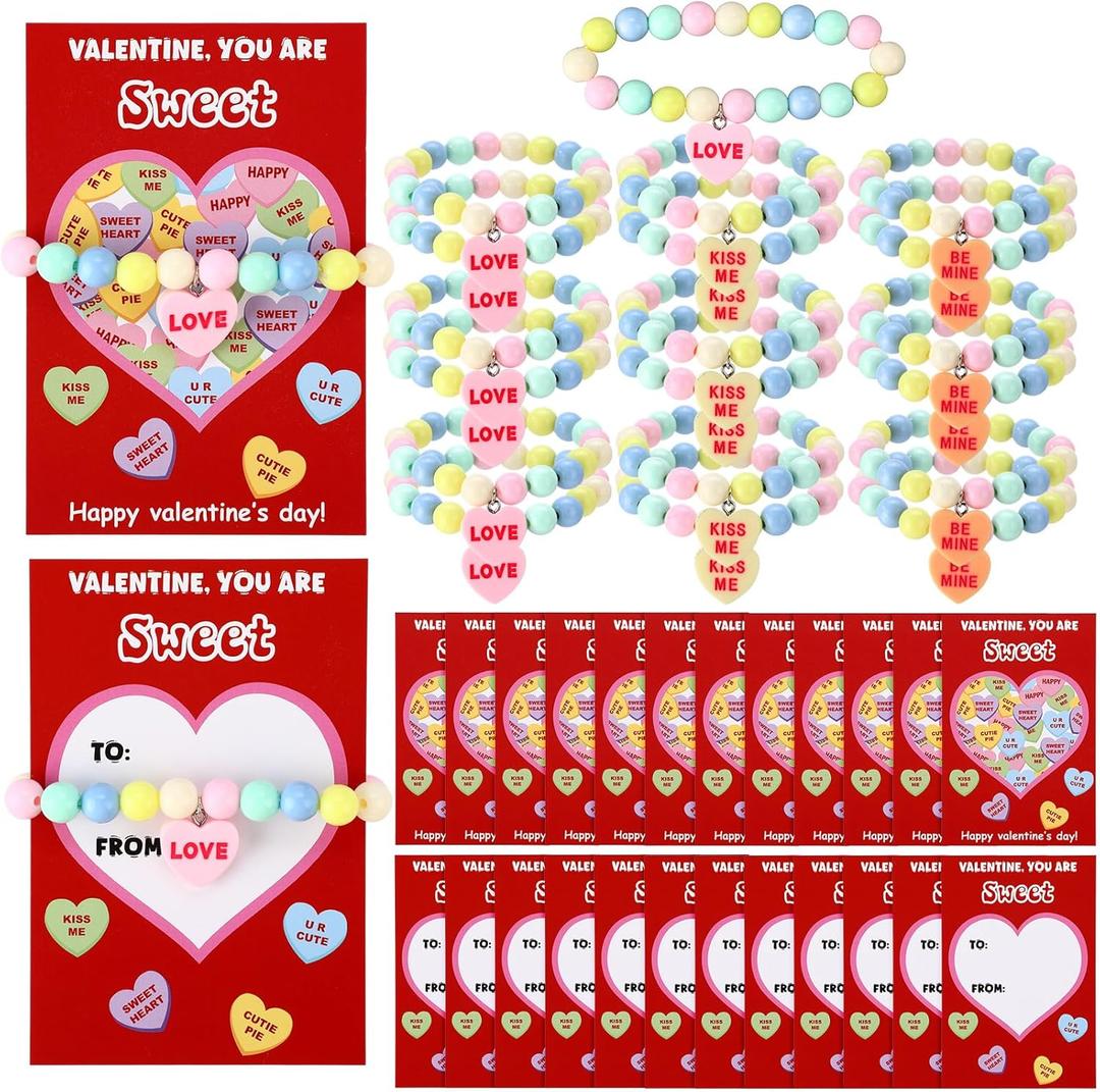 Valentines Day Gift Valentine's Day Candy Heart Bracelet and Plastic Candy Beads Jewelry Love Heart Charm for Gifts Exchange Party Favors
