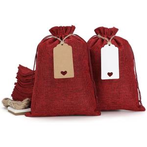 Tapleap Burlap Bags with Drawstring - 30Pcs 7x10 Red Gift Sacks with Tags&String for Wrapping Valentine's Day Favors, Wooden Cross, For Birthday, Wedding, Party, Church