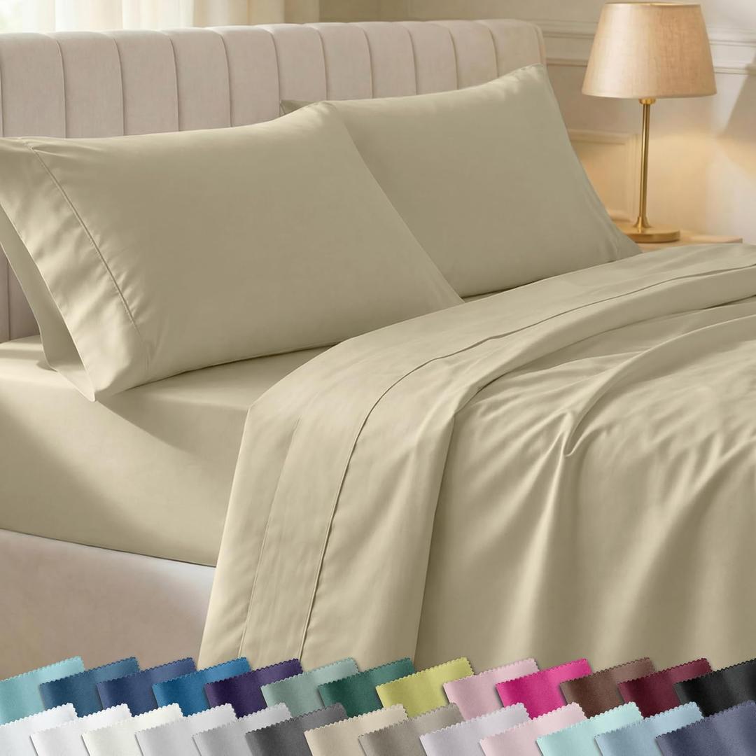 CALIFORNIA DESIGN DEN Soft 100% Cotton Bed Sheets Queen Size Set, 400 TC Good Housekeeping Award Winner, Silky Smooth Sateen, Deep Pockets, Breathable & Durable Queen Bedding Set - Beige (Golden Tone)