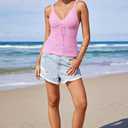 Arach&Cloz 2025 Women's Summer Boho Cami Tops V Neck Crochet Sleeveless Cute Tank Going Out Outfits Beach Vacation Clothes (Pink, S)