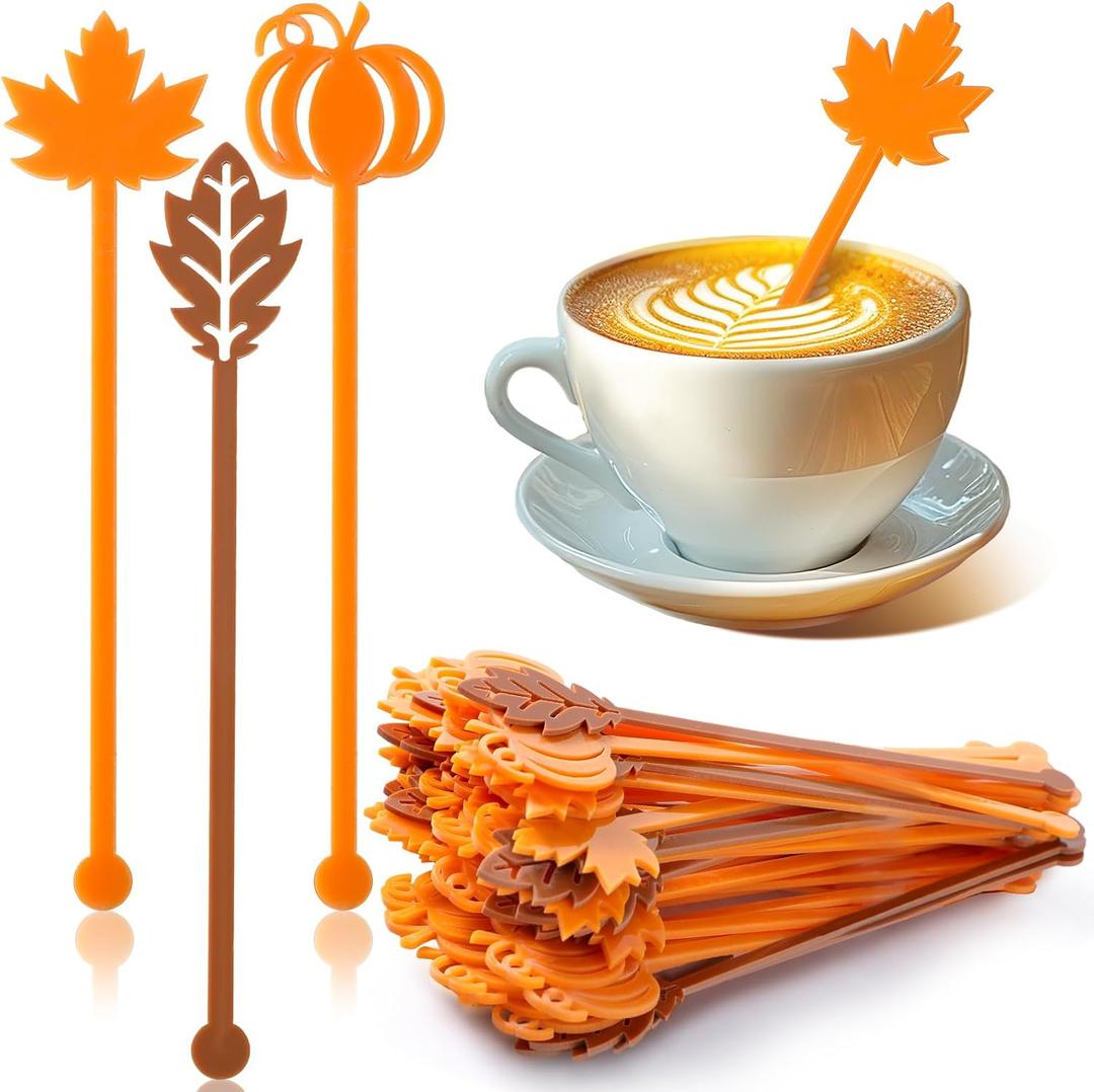 Chengu 50 Pcs 6 Inches Thanksgiving Fall Cocktail Swizzle Sticks Thanksgiving Plastic Drink Stirrer Sticks Cocktail Mixers for Autumn Party Tea Coffee Bar Supplies Decoration