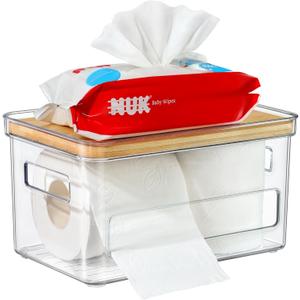 Toilet Paper Holder Stackable Toilet Tissue Storage with Bamboo Lid, Acrylic Clear Trash Bag Holder Dispenser for Counter Organization
