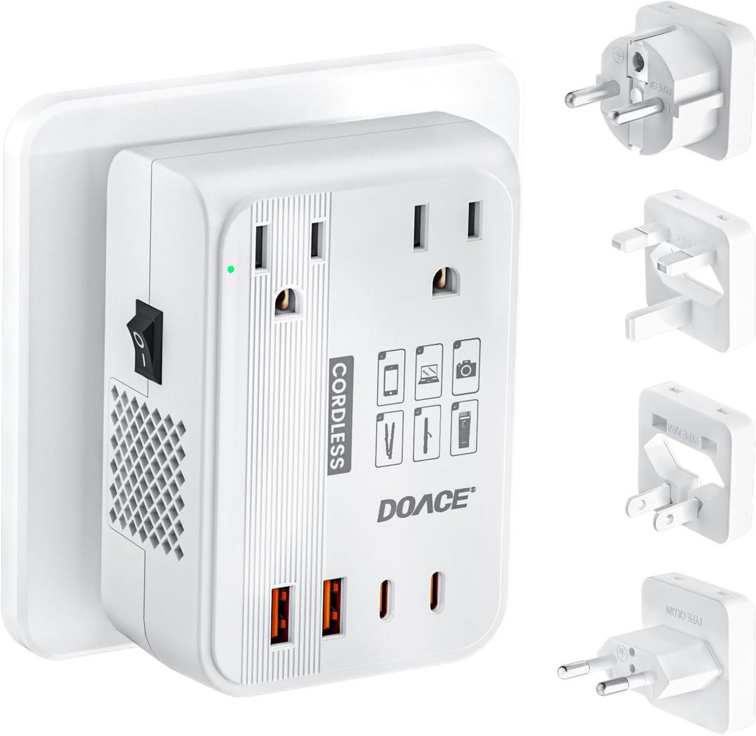 DOACE 220V to 110V Converter - 350W Cordless Voltage Converter US to Europe Power Adapter Combo with 4-Port USB Charging & Worldwide Plugs (UK/AU/US/EU) for Hair Straightener, Curler, Phone (White)