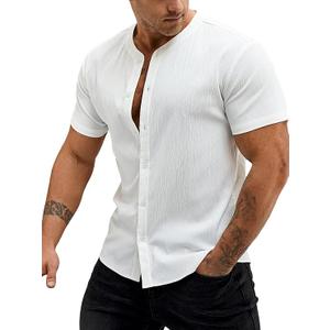 WDIRARA Men's Button Front Short Sleeve Shirt Casual Round Neck Tops, L