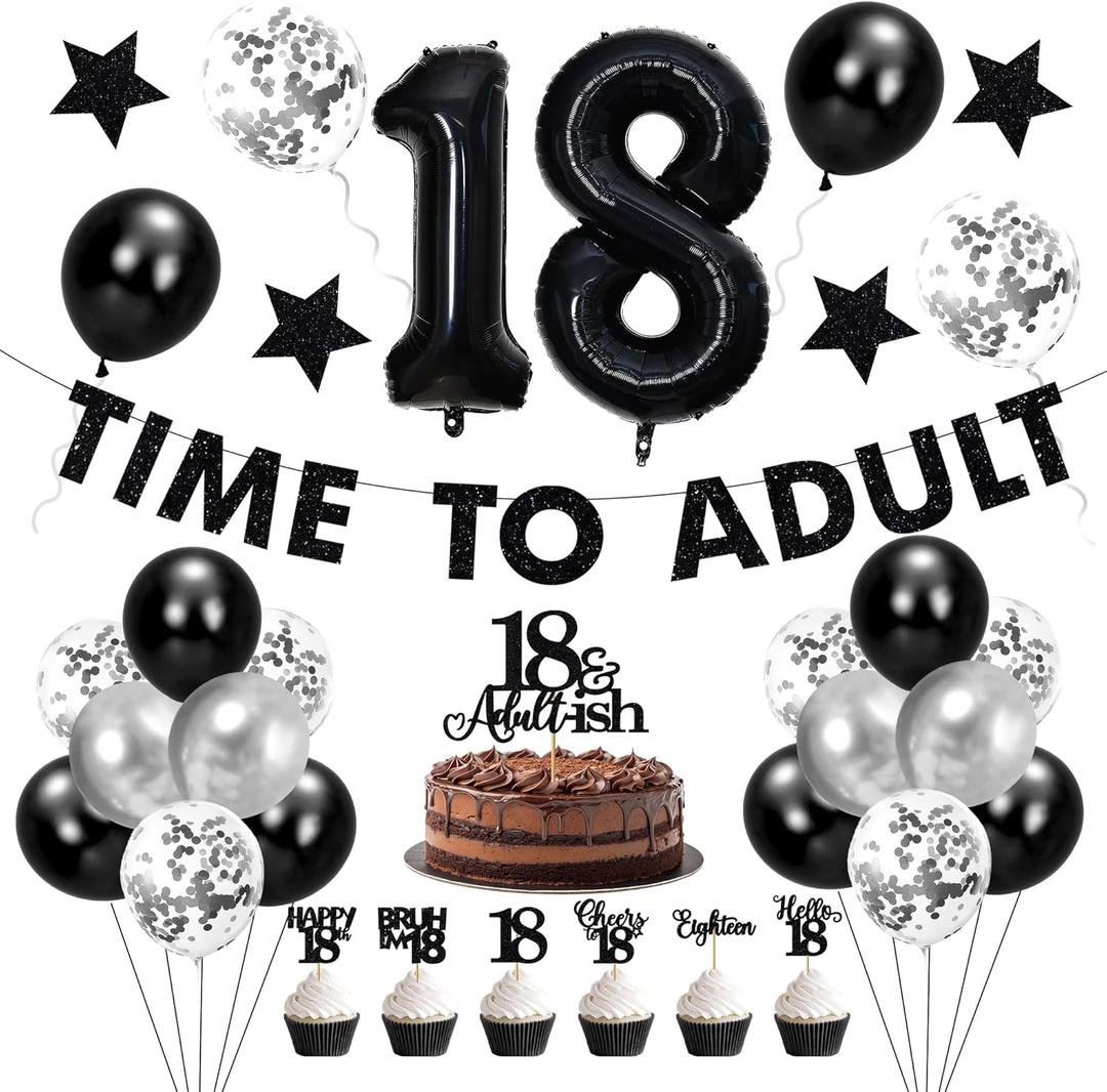 Holkcog 30pcs 18th Birthday Decorations for Boys, Black Happy 18th Birthday Banner, Hide The Car Keys, Bruh I'm 18 Cupcake Topper, Black Cake Topper, Sixteen Bday Decor Ceiling Wall Sign, 18 Party Men
