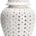 Luxshiny Lattice Ginger Jar, Display Hollow Vase Temple Jar with Intricate Mediterranean Inspired Work Flower Vase Living Room and Kitchen Decor - 8.26” (White)