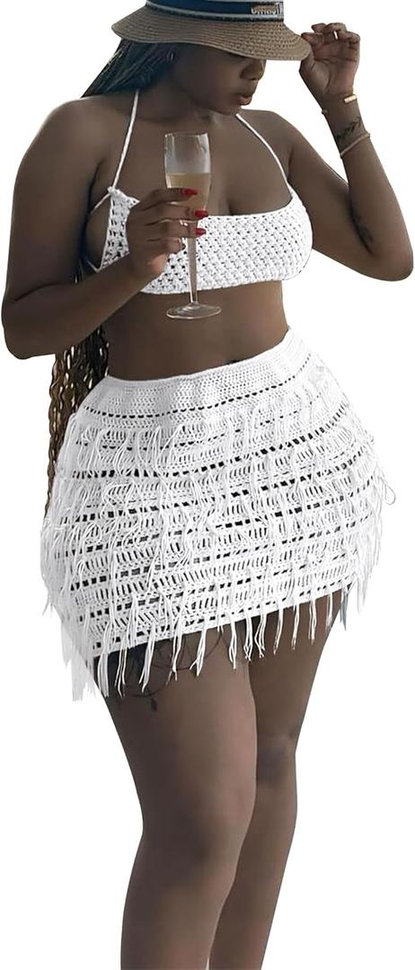 CALEBGAR Women 2 Piece Outfits Sexy Crochet Mini Dress Hollow Tassel Skirts Sets Summer Bandage Tube Tops (Large, White)