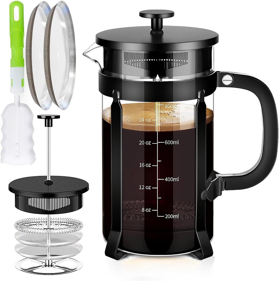 French Press Coffee Maker 304 Stainless Steel Coffee Press,with 4 Filters System, Heat Resistant Thickness Borosilicate French Press Glass, BPA-Free Brewed Tea Pot Coffee Plunger(Copper 12oz) (Black)