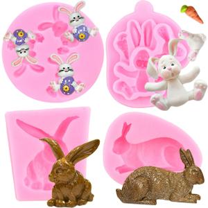 Easter Bunny Silicone Mold Rabbit Carrot Easter Silicone Molds Easter Egg Fondant Mold For Cake Decorating Cupcake Topper Chocolate Gum Paste Candy Polymer Clay, Set of 4