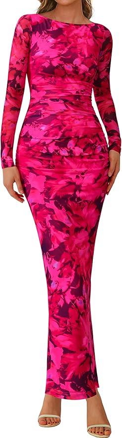 PRETTYGARDEN Women's Long Sleeve Bodycon Dresses 2026 Spring Sexy Floral Mesh Slit Ruched Tight Maxi Wedding Guest Dress, M