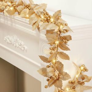 Syhood 2 Pcs Christmas Glitter Berry String Garland 6ft Artificial Lighted Berry Holly Leaves Garland Indoor Outdoor LED for Christmas Holiday Fireplace Mantel Decor (Gold)
