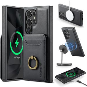 K1 2 in 1 Detachable Magnetic Phone Cases Compatible with Samsung Galaxy S24 Ultra Case with Card Holder Ring, Compatible with Magsafe Wallet, Leather 6.8'' RFID Blocking (S24 Ultra,Black)