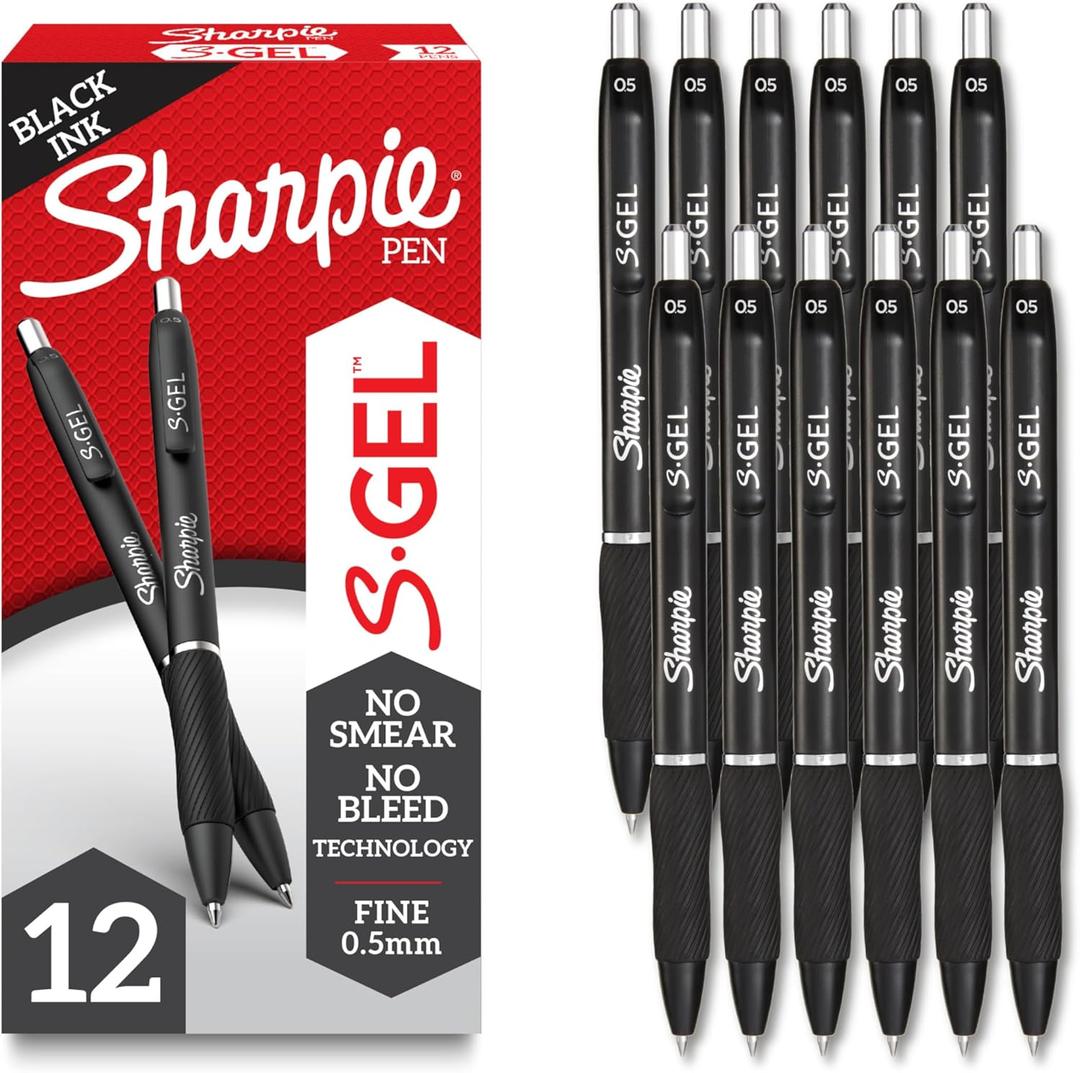 Sharpie S-Gel Pens, Fine Point (0.5mm), Black Ink, 12 count - Ideal for Writing, Journaling, Drawing, Coloring, Note-Taking, College Supplies