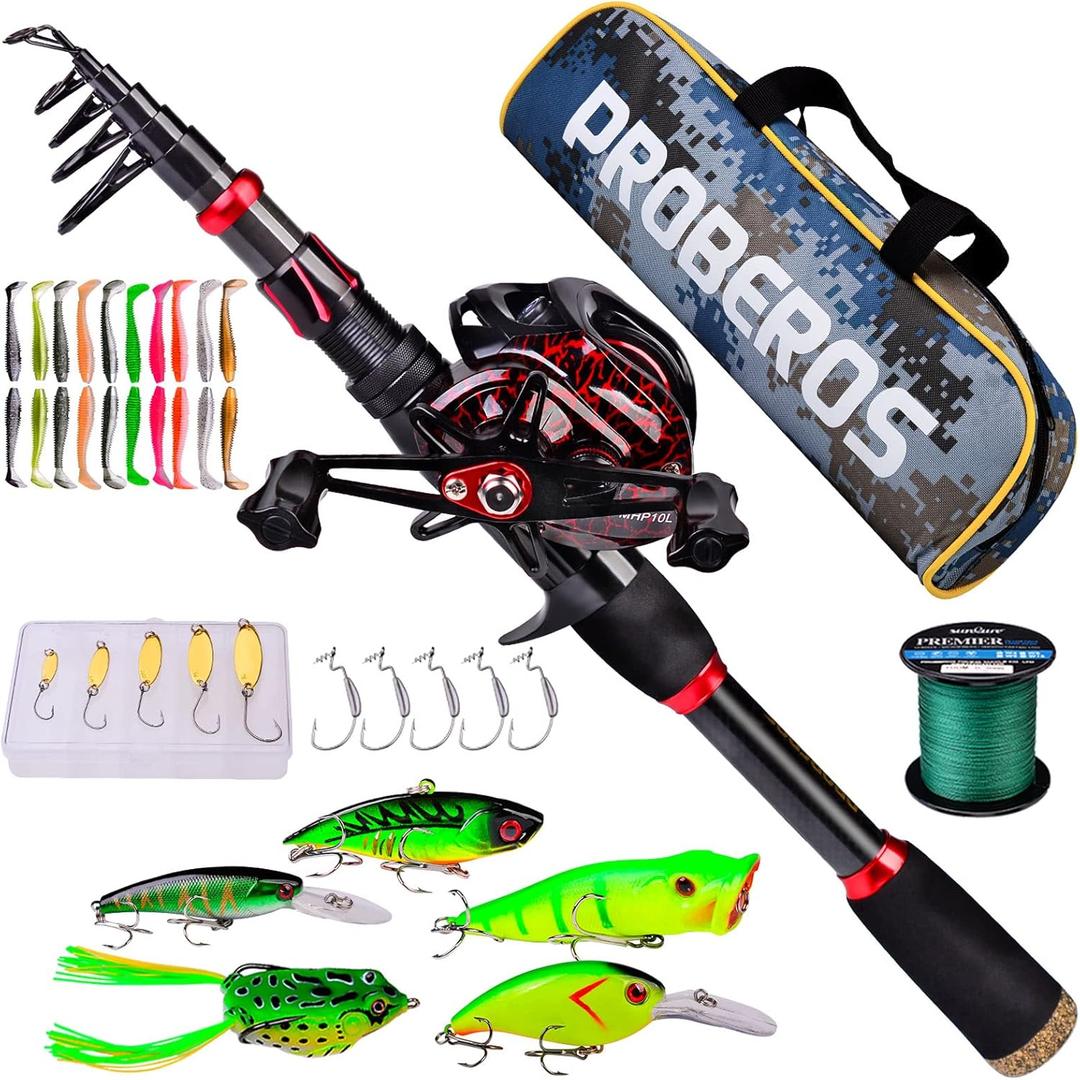 Fishing Rod and Reel Combo, 6.9ft Carbon Fiber Telescopic Fishing Pole with Spinning/Baitcasting Reel Combos, Sea Saltwater Freshwater Ice Bass Fishing Tackle Set Fishing Rods Kit