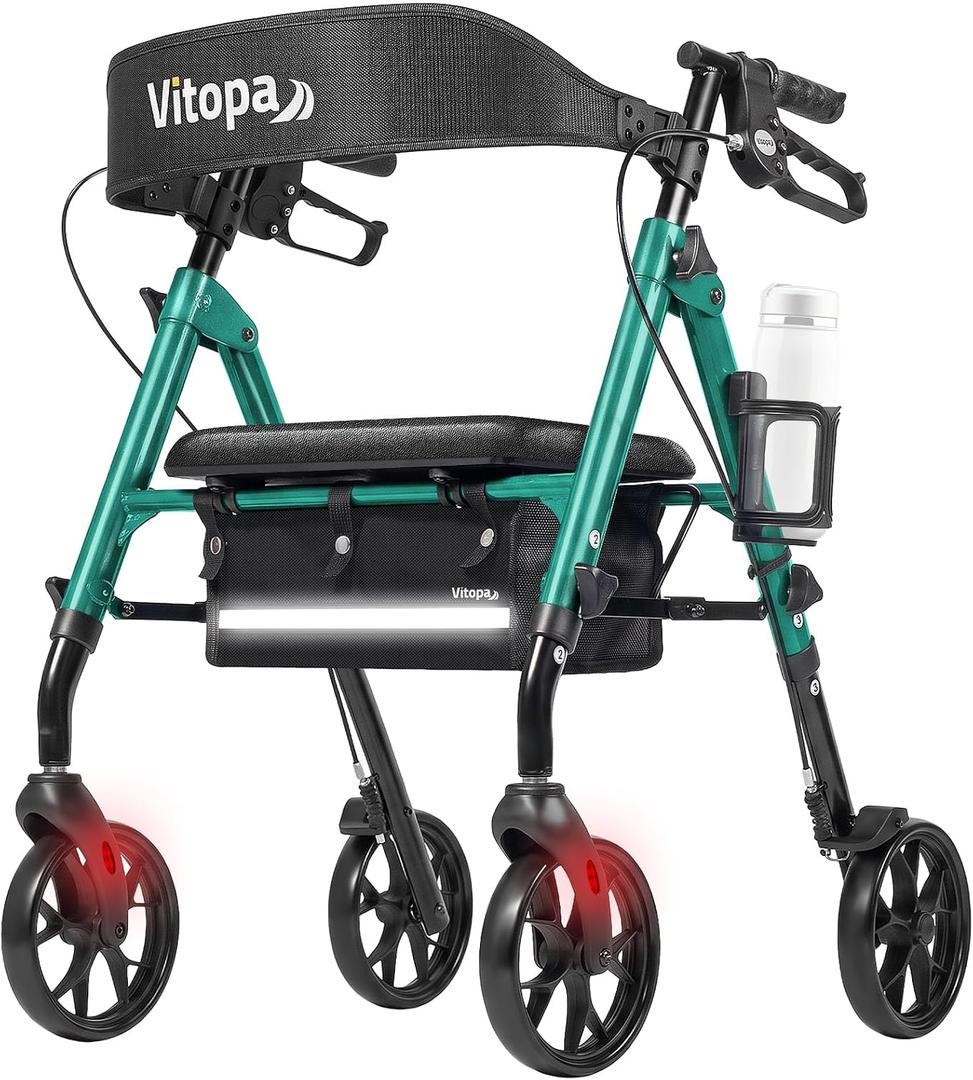 Walkers for Seniors with Seat W20S, Ultra-Stable Foldable Rollator, 350 lbs Heavy-Duty, Smooth 8” Widened Wheels, Dual Height Adjustable, Thickened Ergonomic Seat & Backrest, Shimmer Green