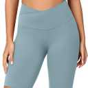 ODODOS Women's Crossover Yoga Shorts with Back Pocket, 8" Buttery Soft V High Waist Lounge Biker Shorts, Chambray, Large (L)