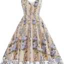 Women Keyhole Floral Embroidery Dress Sheer Mesh Illusion Vintage Cocktail Swing Dress Wedding Party Prom Tulle Evening Dress (X-Large, Apricot+purple)