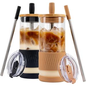 Pandaloo Glass Cups With Lids and Straws -20 Fl Oz- Perfect Size Iced Coffee Cup - Smoothie Cup With Bamboo Lid and On the go Lid - Glass Tumbler (2 Count (Pack of 1), Amber Sand-Black Saphir)