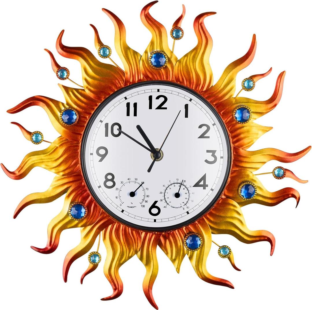 Outdoor Clock Thermometer Combo, Sun Outdoor Wall Clock, Silent Non-Ticking Outdoor Clocks Waterproof for Patio, Garden (Bronze)