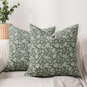 DWR Floral Throw Pillow Covers 20x20 Set of 2, Block Print Decorative Pillow Covers in Deep Sage Green, Neutral Faux Linen Cotton Blend, Vintage Look for Couch, Sofa, Bed, Living Room