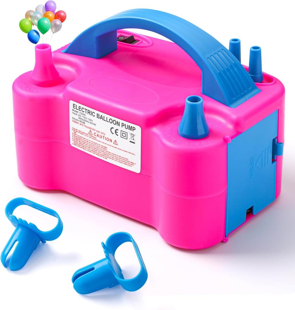 Voircoloria Balloon Pump Electric, Portable Automatic Dual Nozzle Inflator 110V 600W with Tying Tools for Birthday Gender Reveal Baby Shower Balloons Party Decorations