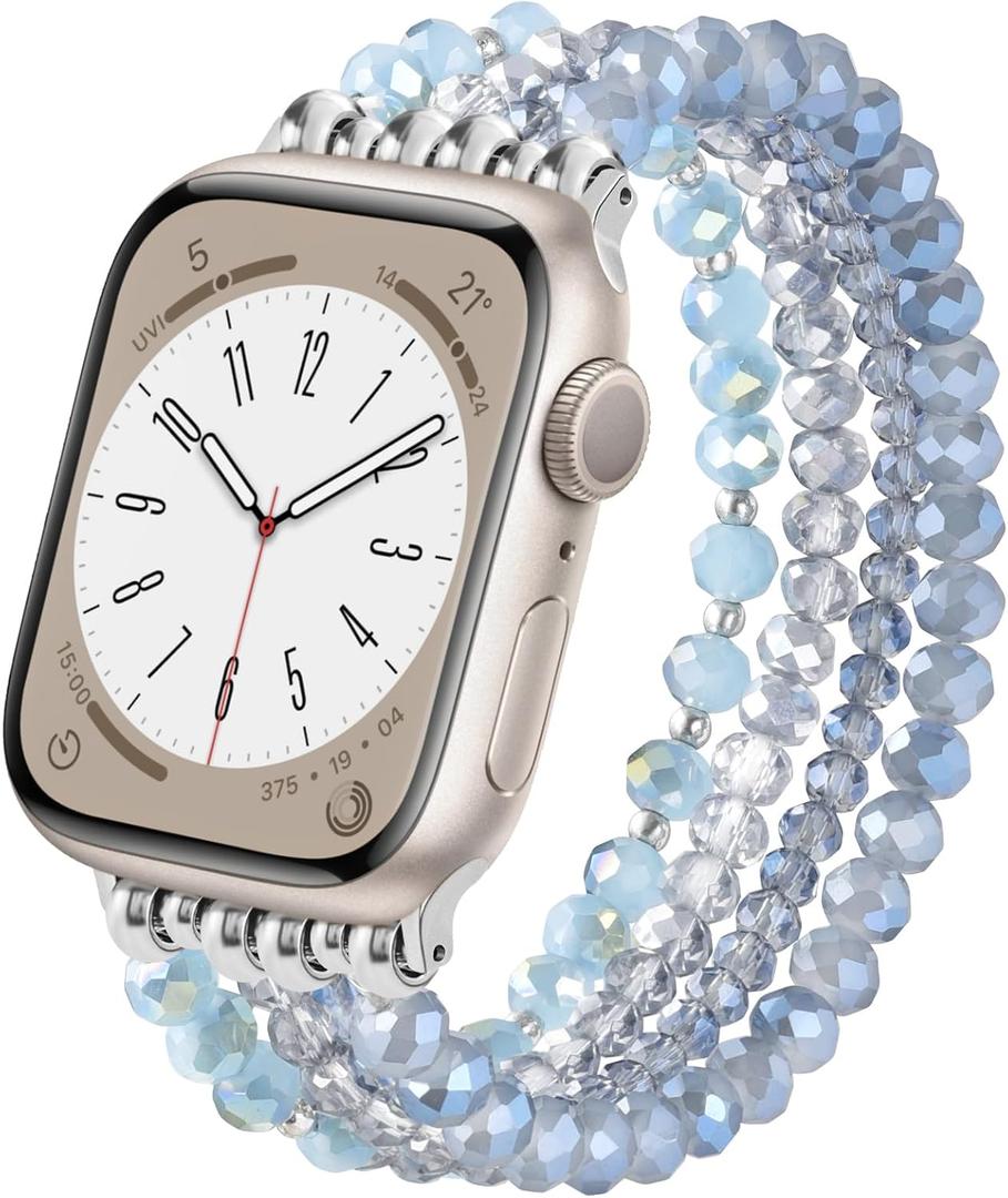VISOOM Beaded Bracelet Compatible for Apple Watch Band 42mm/41mm/40mm/38mm Series11 10 9 8 7 Se(3 2 1) Series 6/5/4 Women Fashion Cute Handmade Pearl Stretchy Watch Strap for iWatch Bands Series 3/2/1 (C-Light Silver)