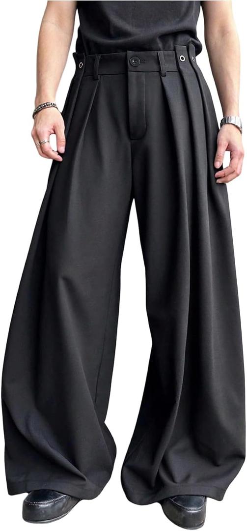GORGLITTER Men's Work Dress Pants Slacks Baggy Pleated Wide Leg High Waisted Business Casual Lightweight Trousers Black Small