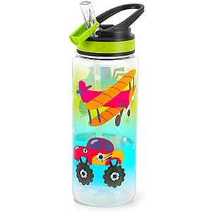 Home Tune 23oz Kids Water Bottle for School Boys, BPA FREE, Leak Proof Flip Straw, Easy Clean, Carry Handle - Airplane & Truck