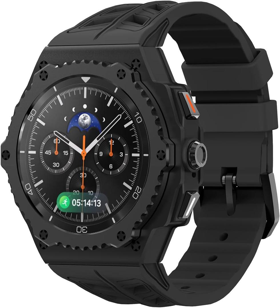 Luxury Case with Band for Samsung Galaxy Watch 8 Classic 46mm, Rugged Metal Face Cover with Rotatable Bezel and Tactical Silicone Strap Heavy Duty Protection for Men, Black