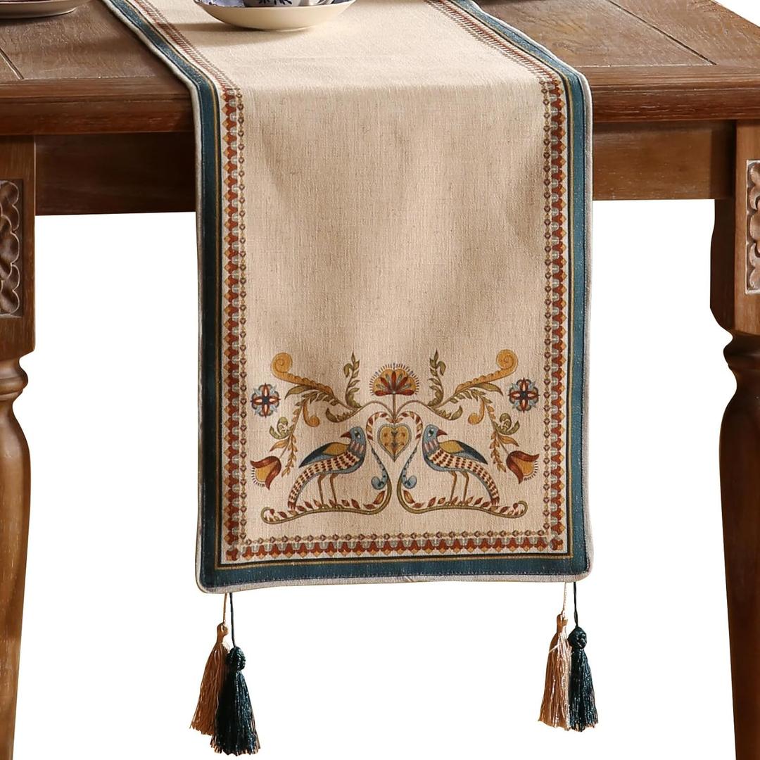 patdrea Designer Beige Farmhouse Geometric Patterned Extra Long,Wrinkle Resistant Linen Table Runner 118 Inch Long,Decoration for Kitchen Dining and Coffee Tables Banquet Christmas , 12"x118"