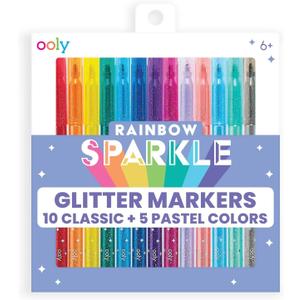 Ooly Rainbow Sparkle Glitter Markers Set of 15, Includes 5 Pastel & 10 Classic Color Markers, Glittery & Sparkling Marker for Kids, 2mm Nib for Medium Sized Lines - GLITTER VARIETY PACK