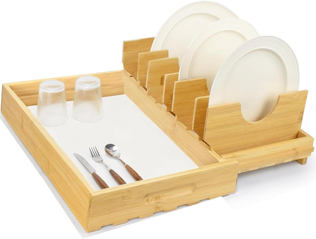 Bamboo Dish Drying Rack with Diatomaceous Earth Dish Drying Pad, Ultra Absorbent, Instant Dry, Space - Saving&Pull-out Design, Eco - Friendly Drying Mat for Dishes Cups, Match Any Countertop