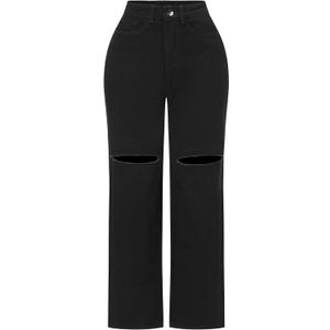 THUNDER STAR Womens High Waisted Wide Leg Jeans Stretchy Distressed Denim Pants, Black, Medium