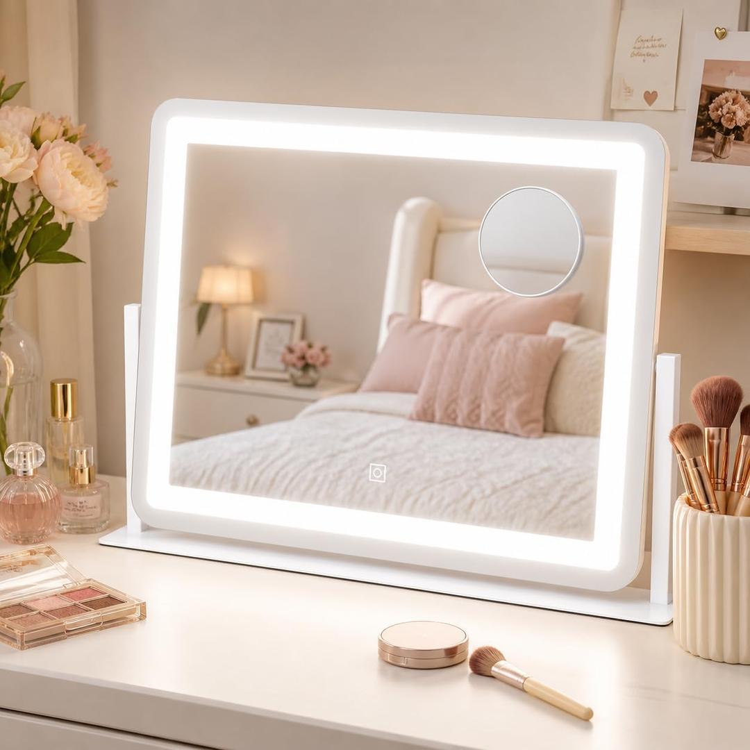 HNV 22"x17" Lighted Vanity Mirror, 3-Color Dimmable LED Makeup Mirror with Power Adapter, Sturdy Aluminum Frame 360 Rotating Desktop Mirror, White