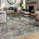 8x10 Machine Washable Area Rug for Living Room, Grey Rusty Boho Vintage Floral Rug Large Non-Slip Low Pile Soft Faux Wool Carpet, Kids and Pets Friendly for Bedroom Dining Room Farmhouse Decor Rug