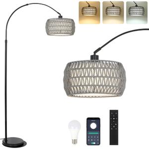 Arc Standing Lamp, Boho Floor Lamps for living room with Remote and LED Dimming Bulb, Rattan Tall Lamp for Bedroom with 3 Color Temperatures, Height Adjustable Farmhouse Stand up Light for Office