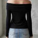 Women's Off The Shoulder Tops Fall Fold Over Long Sleeve Fitted T Shirts Going Out Outfits (Black, S)
