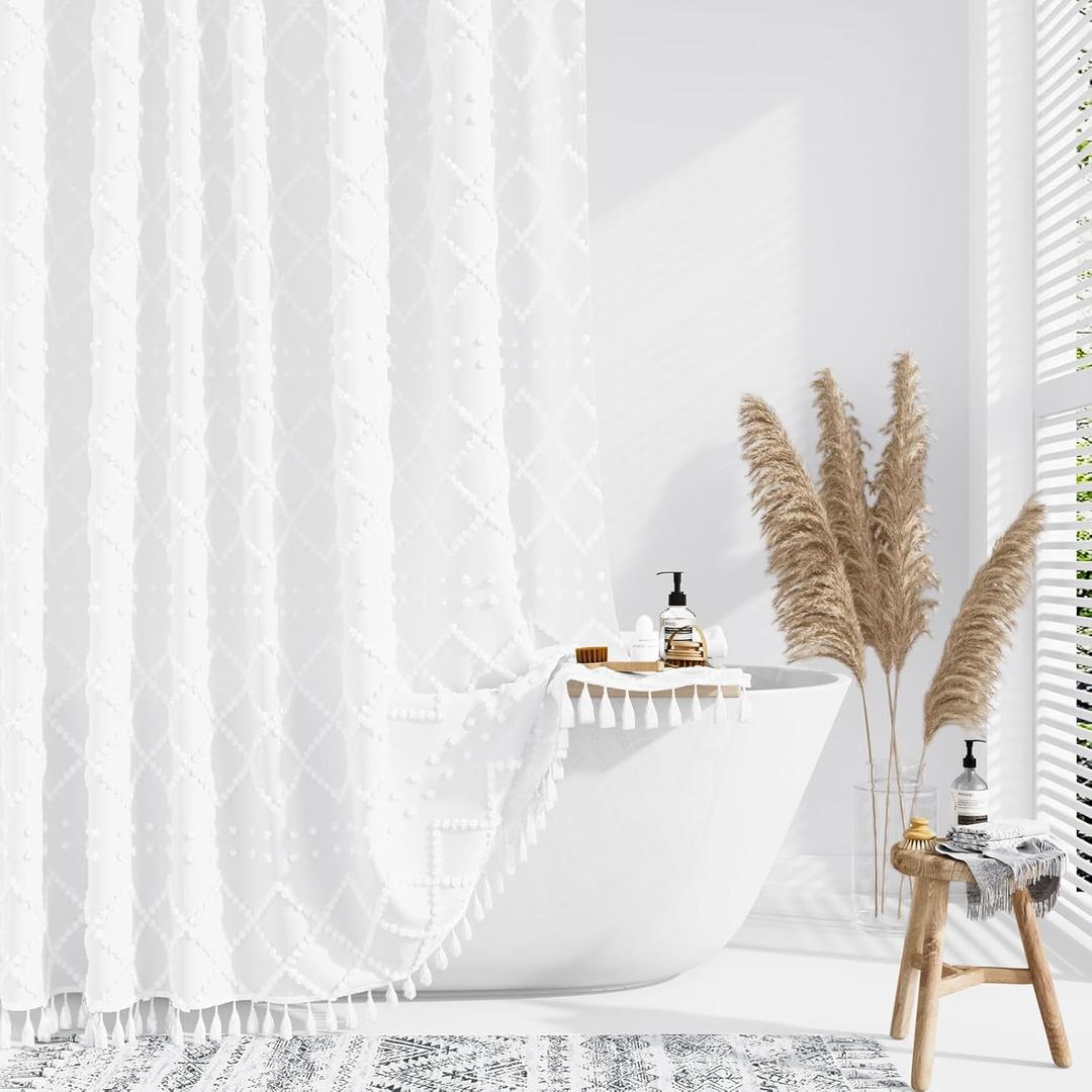 Dynamene White Fabric Shower Curtain, Boho Tufted Geometric Striped Tassel Shower Curtain for Bathroom, Shabby Chic Textured Modern Farmhouse Waterproof Cloth Shower Curtain Set, Wrinkle Free, 72x72 (72"W x 72"L (Pack of 1), A. White)