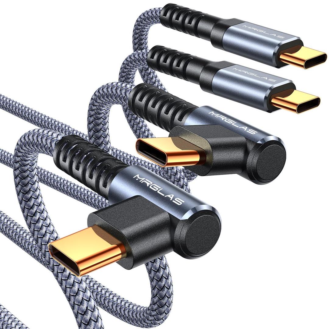 MRGLAS USB C to USB C Cable 60W 3.2A [2-Pack, 6.6+6.6FT] Type C Charger Fast Charging Cable Right Angle Gold-Plated Nylon Braided Cord for iPhone 16 Pro Max 15 Plus Samsung S25 S24 S23 iPad MacBook (Grey)