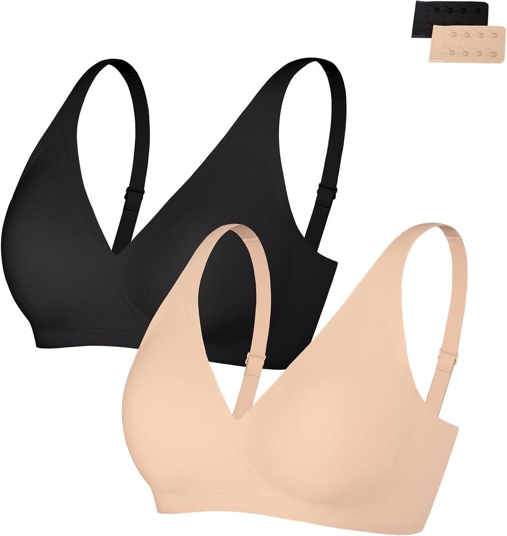 Popilush 2 Pieces Womens Bras No Underwire Push Up Bra Wireless Supportive Bralettes Comfortable Tshirt Bra Deep V, Small