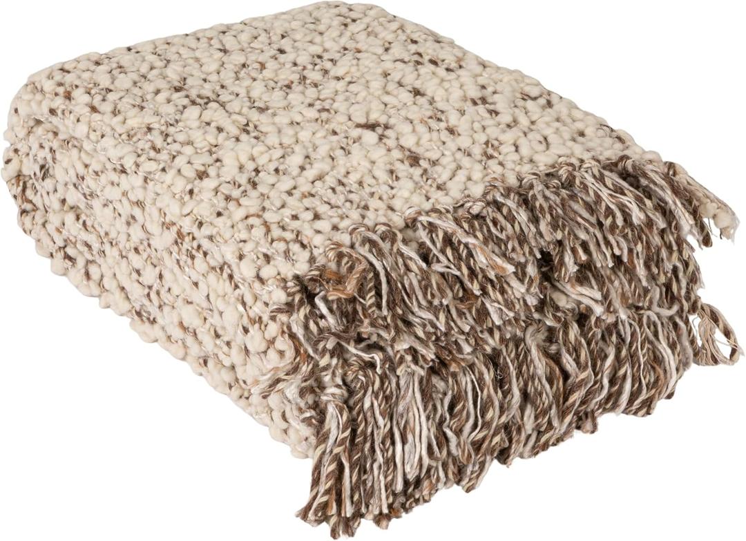 Bloomingville Cozy Haven Wool Blend Shag Throw, Natural and Grey Mlange, 60 by 50 inches