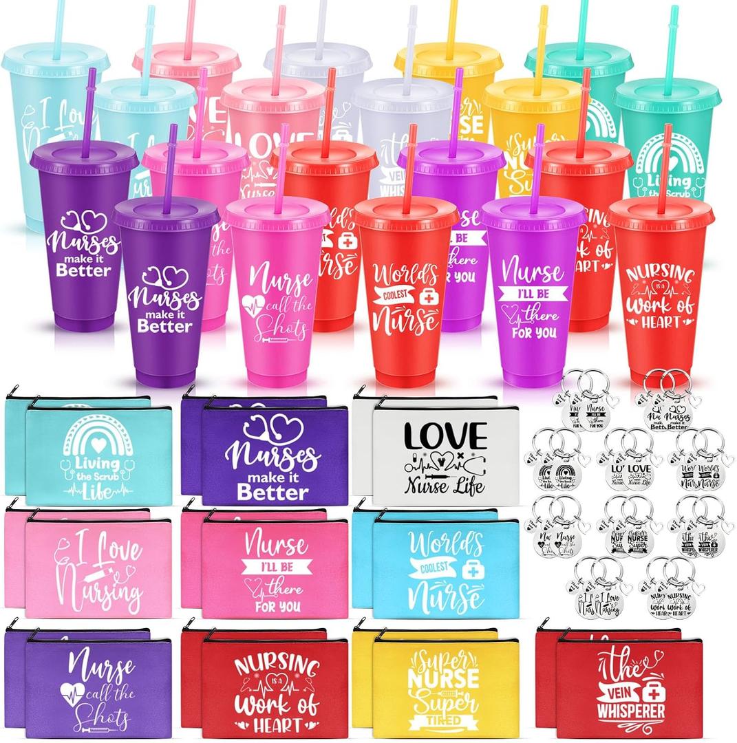 Teenyyou 90 Pcs Nurses Week Gifts Bulk 2026-24oz Reusable Appreciation Tumblers with Lids & Straws, Canvas Makeup Bags, Keychains - Thank You Gifts for Nurse, CNA, RN, Medical Assistants(Modern)