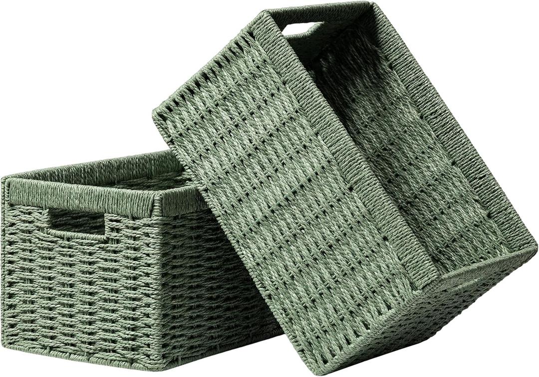 UBBCARE 2 Pack Wicker Basket, 13.4L8.3H7.1W inch Woven Paper Rope Storage Baskets for shelves, Foldable Rectangular Storage Baskets with Handle, Storage Basket for Organizing, Green