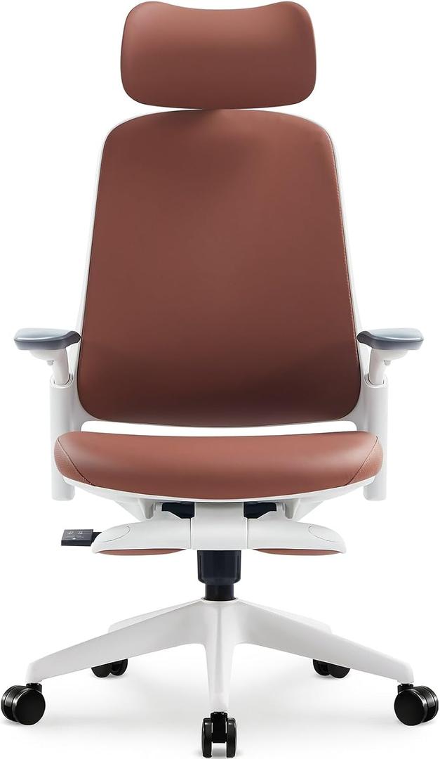 Sunaofe Boss Pro Leather Ergonomic Office Chair with Footrest - Executive Chair, 4D Armrests, Adaptive Lumbar, 125° Recline, 300lb Capacity, White Frame/Dark Brown