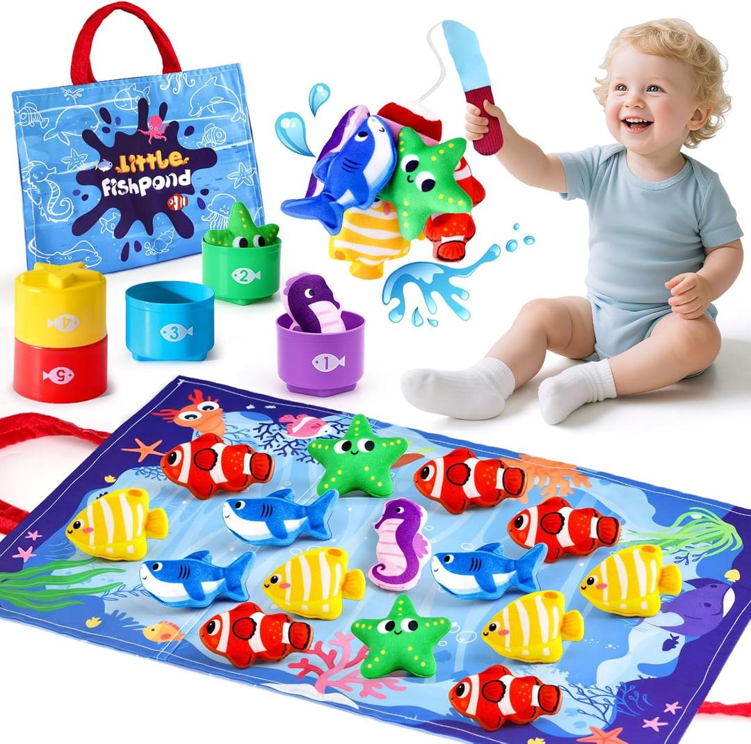 LovesTown Montessori Toys for Toddlers, Baby Sensory Toy Color Sorting Game Travel Essentials Preschool Learning Activities Cloth Fishing Games with Stacking Cups Boys Girls Gifts