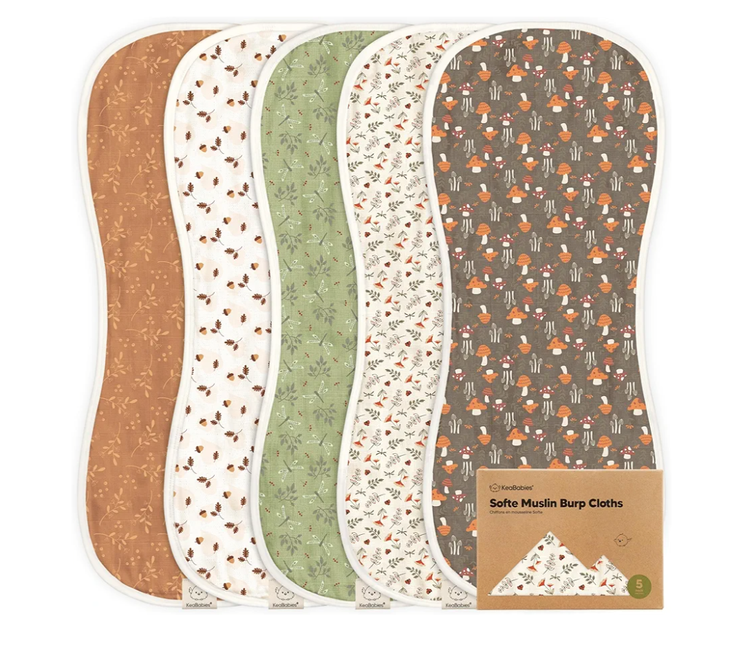 5-Pack Muslin Burp Cloths Baby Boy, Girl - Very Absorbent Baby Burp Cloth Rags, 8-Layers Viscose Derived from Bamboo Cotton Muslin Towel, Super Soft Spit Up Rags, No Shrink Washcloths (Fall Spores)