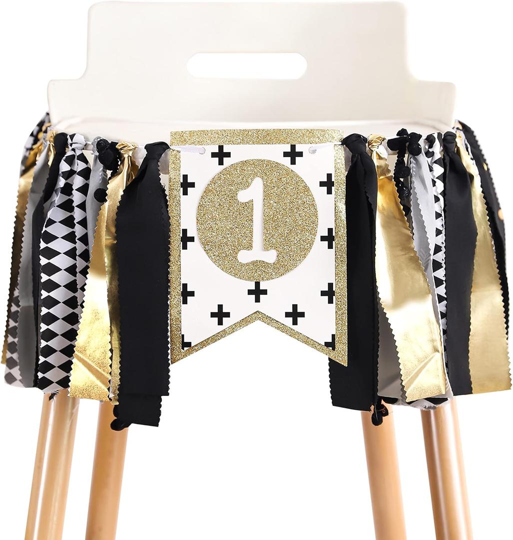 Highchair Banner - 1st Birthday Decorations, Black & Gold Wild One Theme, Photo Booth Props, Party Supplies